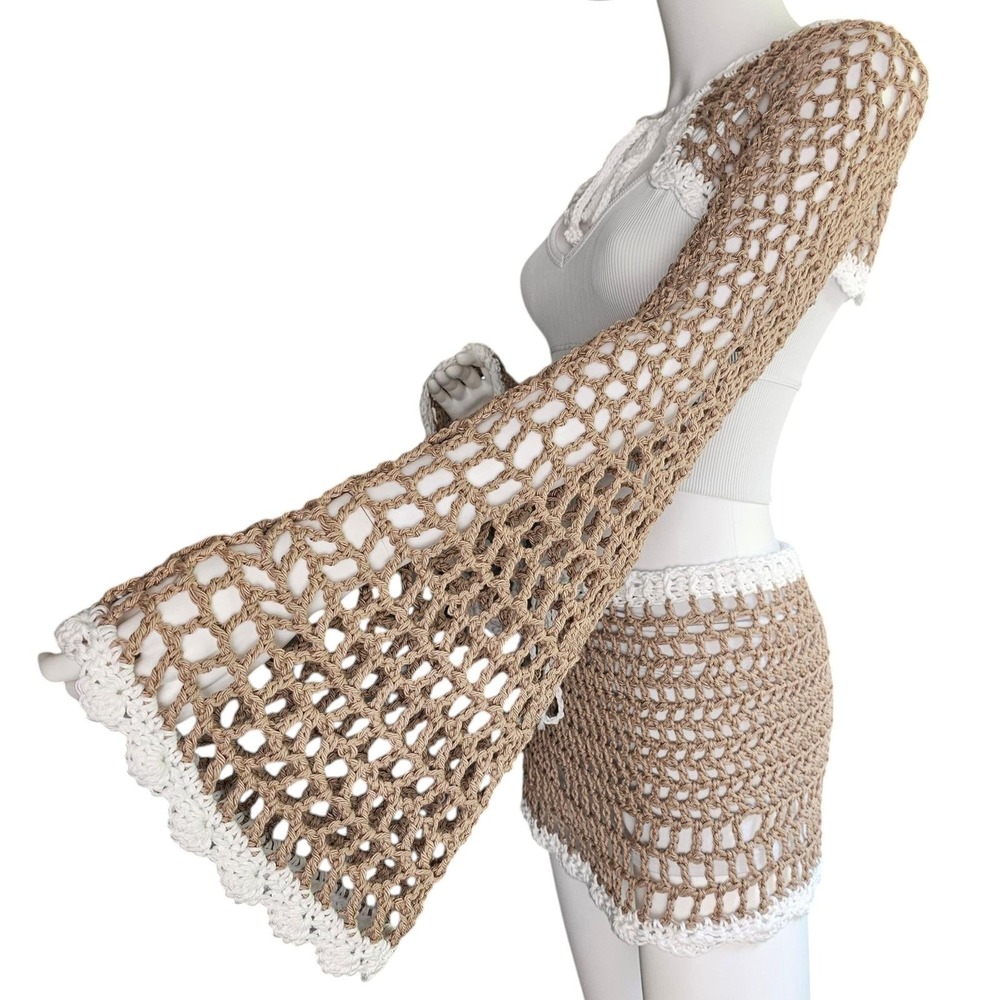 Handmade Crochet Festival Set, Bell Sleeve Front Tie Shrug & Mini Skirt, Taupe - Picture 5 of 14